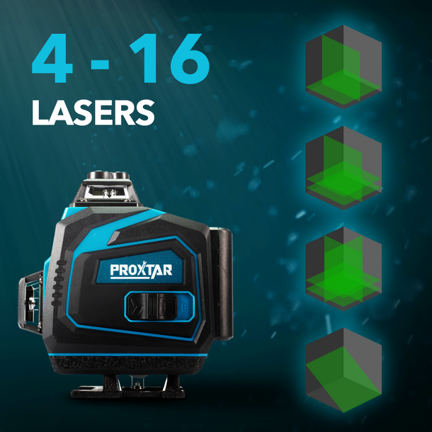 ProXtar 4D Kruislijnlaser - Zelfnivellerend Bouwlaser met 4 tot 16 Lijnen - Rotatielaser - 50 Meter Meetbereik - 360 Graden Rotatie - Inclusief Statief & Draagkoffer